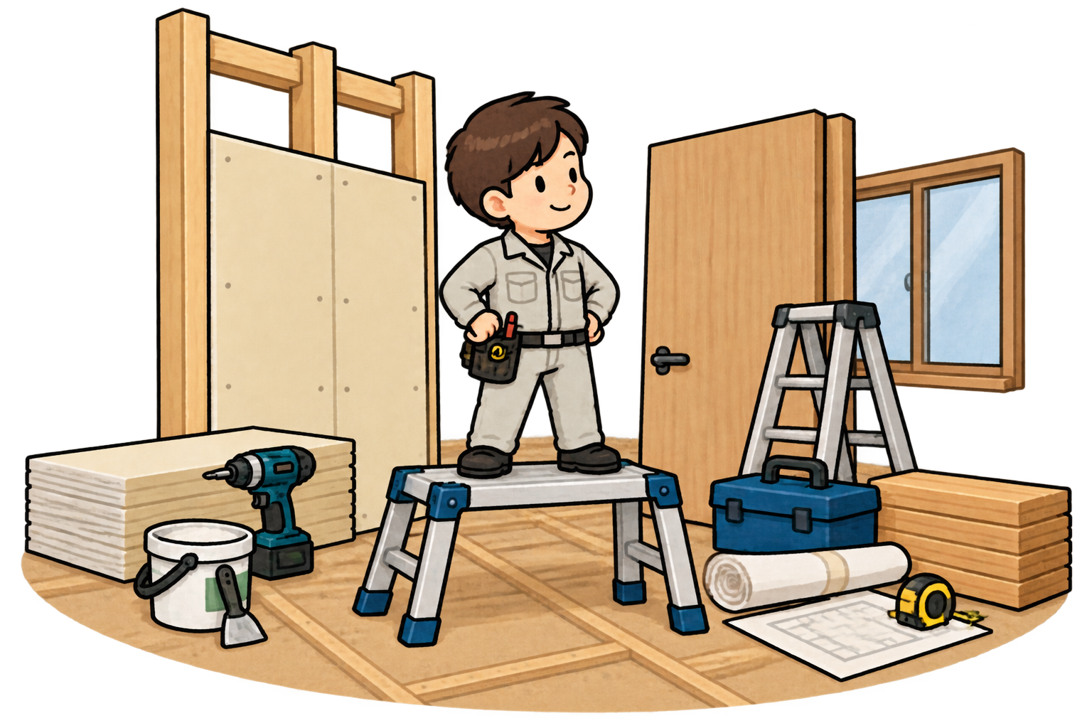 室内のリフォームに取り組む作業員のイラスト